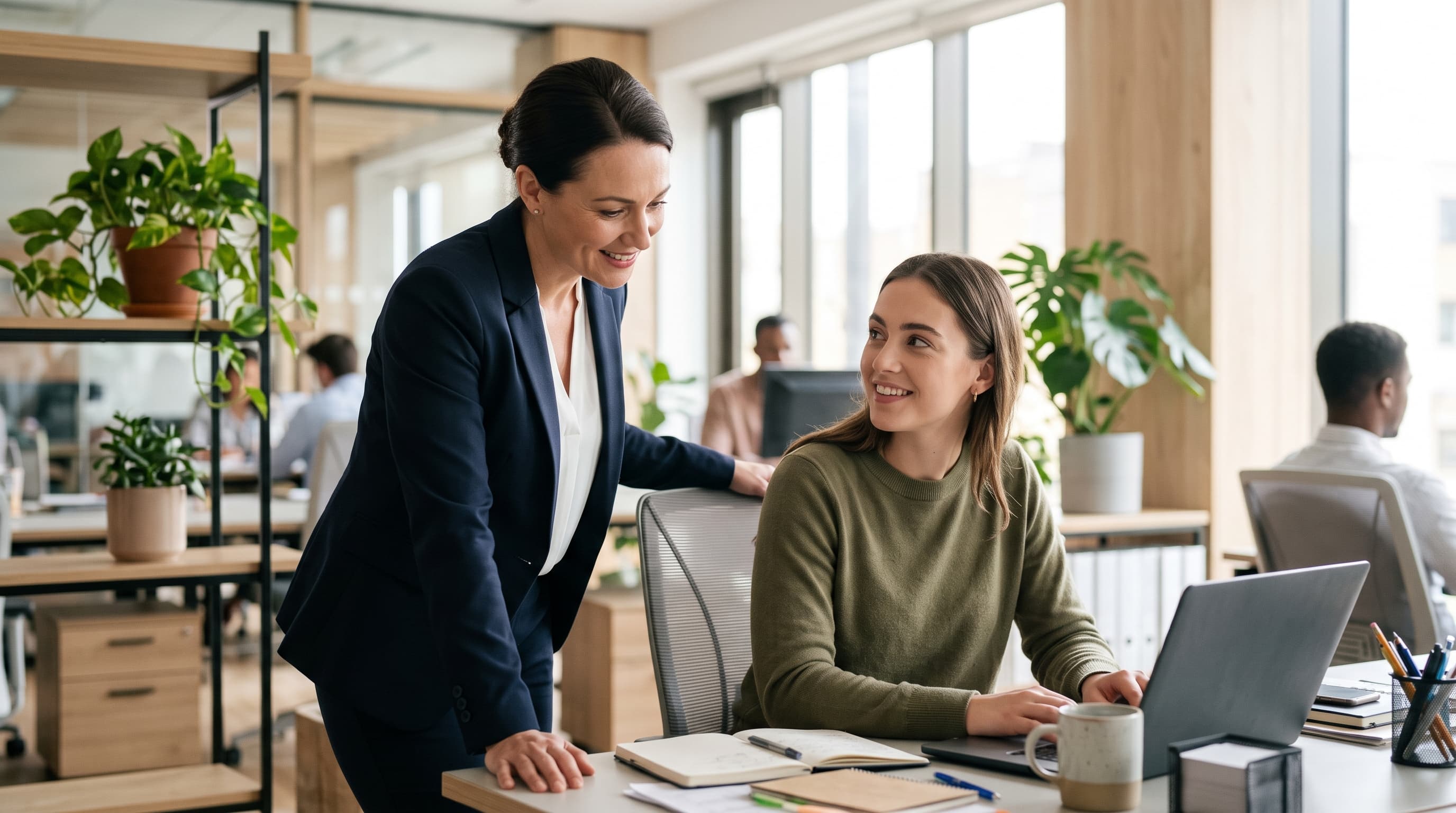 A manager leans over a colleague's desk to talk through her work in a bright office