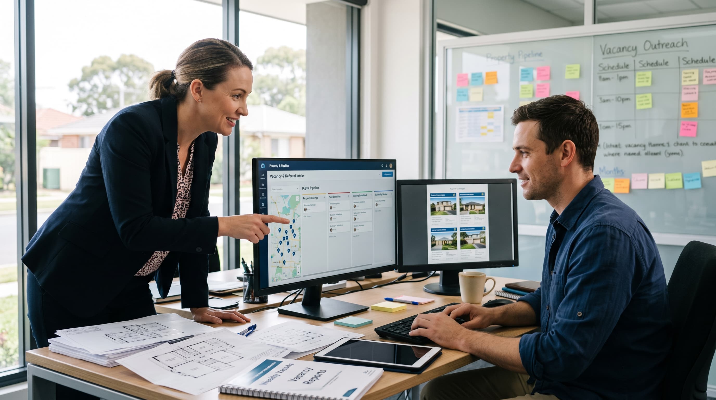 A woman points to a property map on screen while a colleague works through vacancy listings